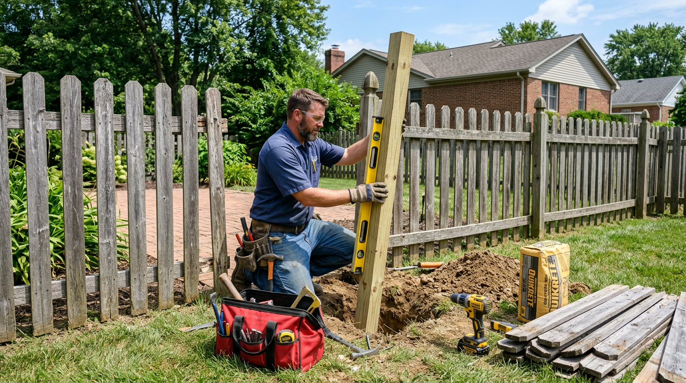 Fence repair technician fixing a wood fence in Woodstock, GA